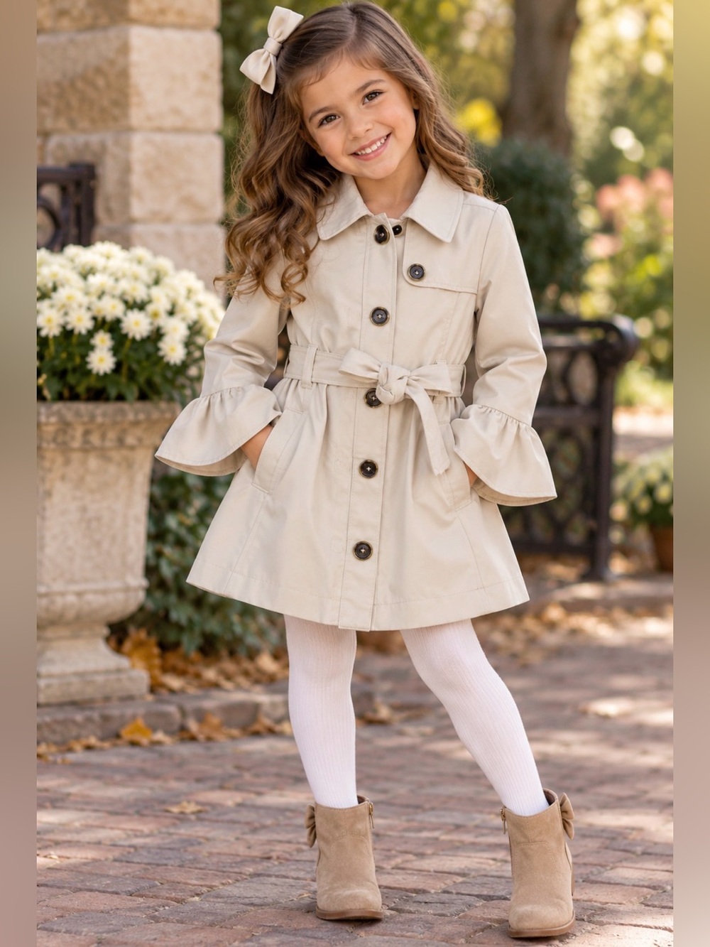 Tahari Girls 2T Beige Trench Coat Belted Ruffle Bell Sleeves Jacket